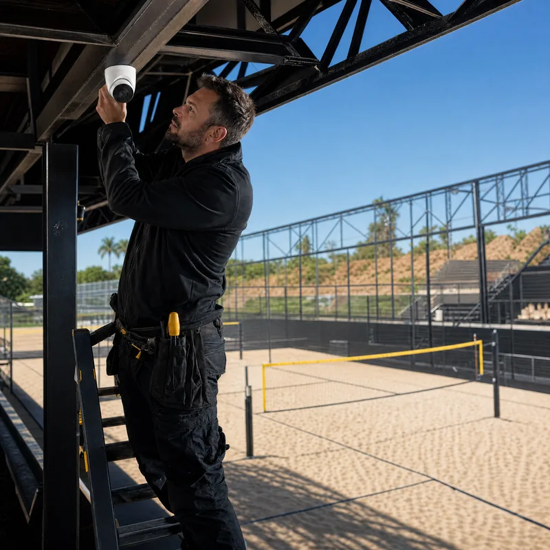 Técnico instalando o sistema Filma Fácil em uma quadra esportiva